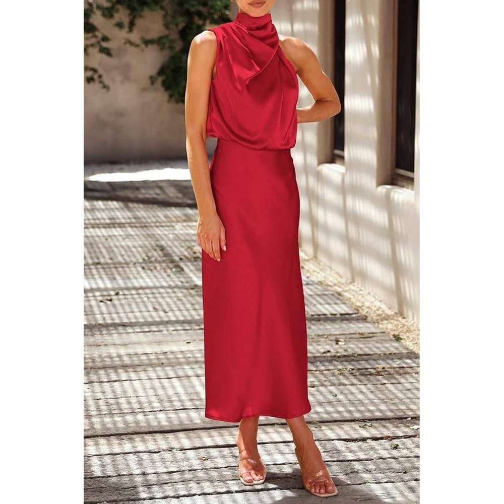 PrettyGarden Womens Red Halter Neck Draped Maxi Dress Size Small 7204 Sleeveless